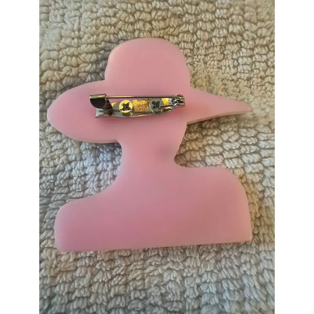 Vintage Pink Lucite Lady Brooch Wide Brim Hat Figural Pin Art Deco Style 2.5